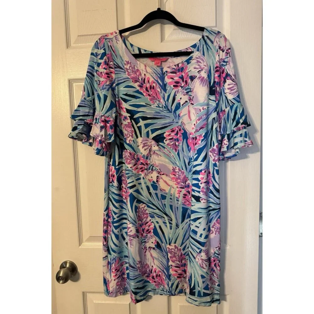 Lilly Pulitzer Dress M Blue Pink White Stretch Shift Short Ruffle Sleeve - Picture 8 of 13